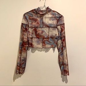 sheer contrast stitch marble print crop top